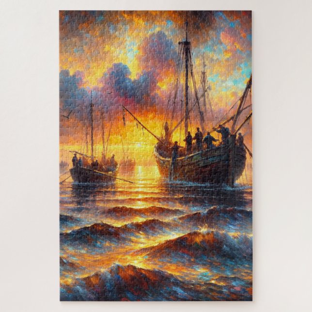 Fischer holen bei Sunset ab Puzzle (Vertikal)