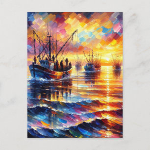 Fischer holen sich bei Sonnenaufgang ab. Feiertagspostkarte