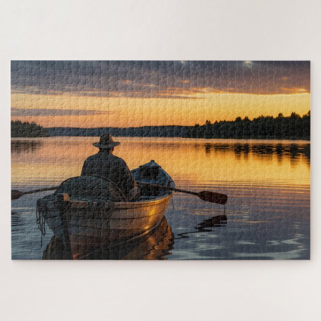 Fischer in einem hölzernen Ruderboot Puzzle (Horizontal)