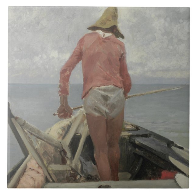 Fischer in Seinem Boot (von Vincenzo Caprile) Fliese (Vorderseite)