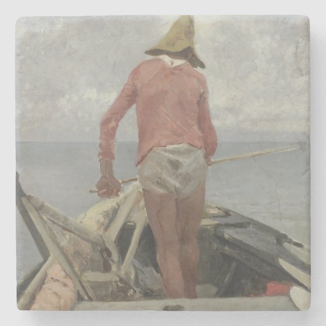 Fischer in Seinem Boot (von Vincenzo Caprile) Steinuntersetzer (Vorderseite)