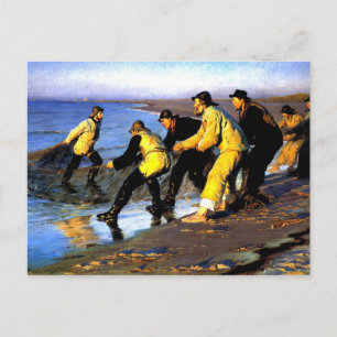 Fischer ziehen das Netz am Nordstrand von Skagen Postkarte