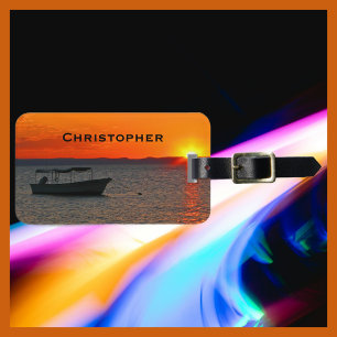 Fischerboot bei Orange Sunset, Name, Beutel Gepäckanhänger