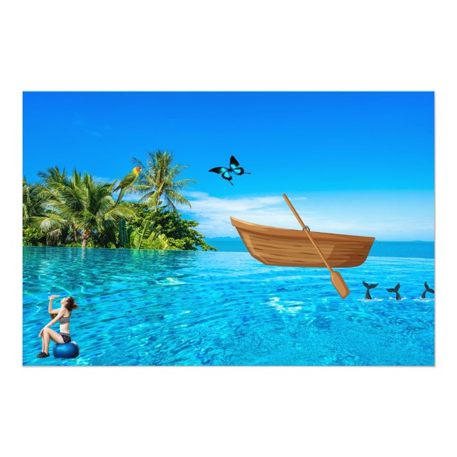Fischerboot Fotodruck (A digital illustration features a vibrant tropical scene with a woman, a boat, and various elements!)