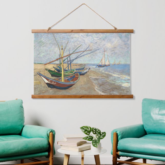 Fischerboote am Strand von Vincent Van Gogh Wandteppich Mit Holzrahmen (Wohnzimmer)