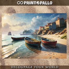 Fischerboote am Ufer in der Nähe des Küstendorfes Seidenpapier