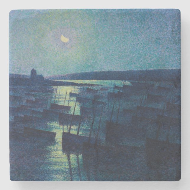 Fischerboote im Mondlicht (Camaret, Frankreich) Steinuntersetzer (Vorderseite)