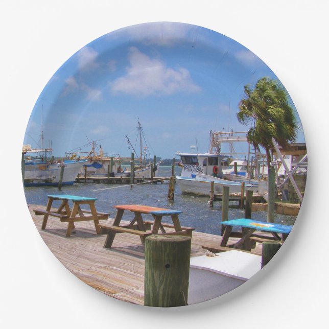 Fischerboote und Pier Pappteller (Vorderseite)