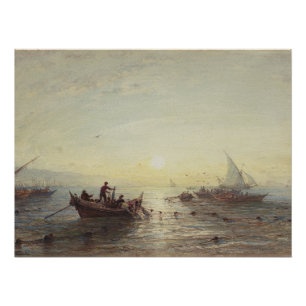 Fischerei bei Sonnenaufgang vor der Küste bei Mars Poster