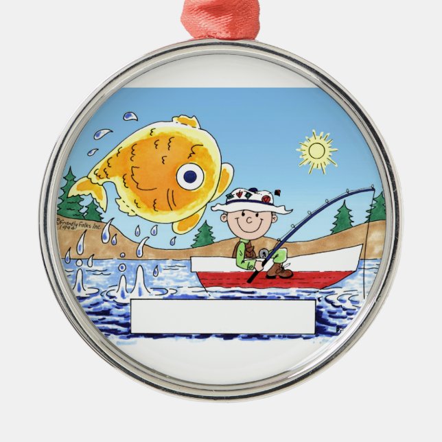 Fischerei, Fischer - Personalisierter Cartoon Ornament Aus Metall (Vorne)