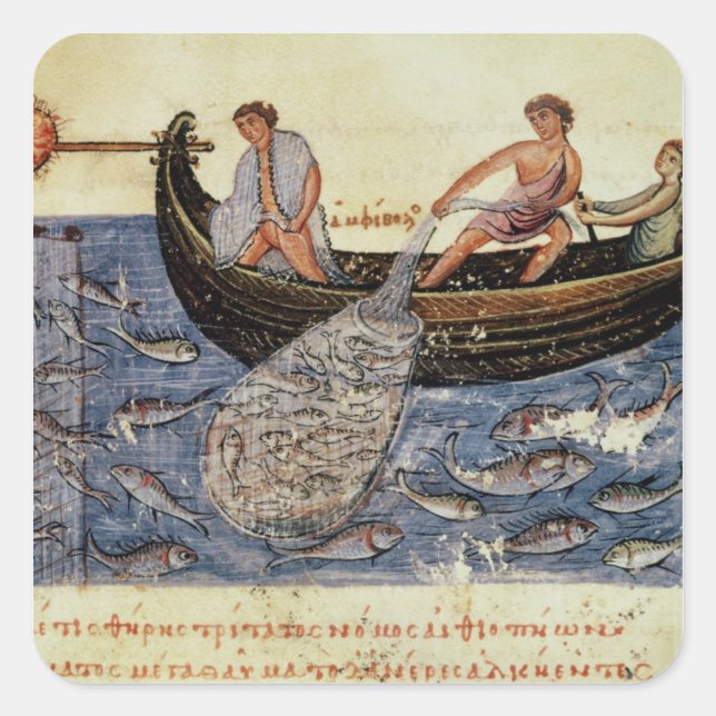 Fischerei mit einem Netz Quadratischer Aufkleber (Vorderseite)