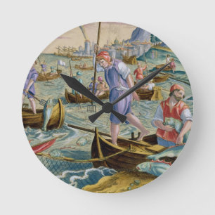 Fischerei mit Netzen und Dreizacken in der Bucht Runde Wanduhr