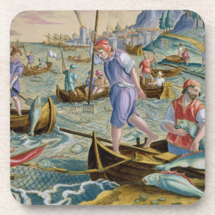 Fischerei mit Netzen und Dreizacken in der Bucht Untersetzer