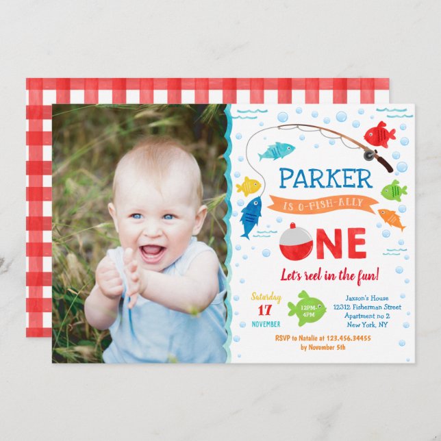Fischerei O-Fisch-allein Einladung zum 1. Geburtst (Vorne/Hinten)