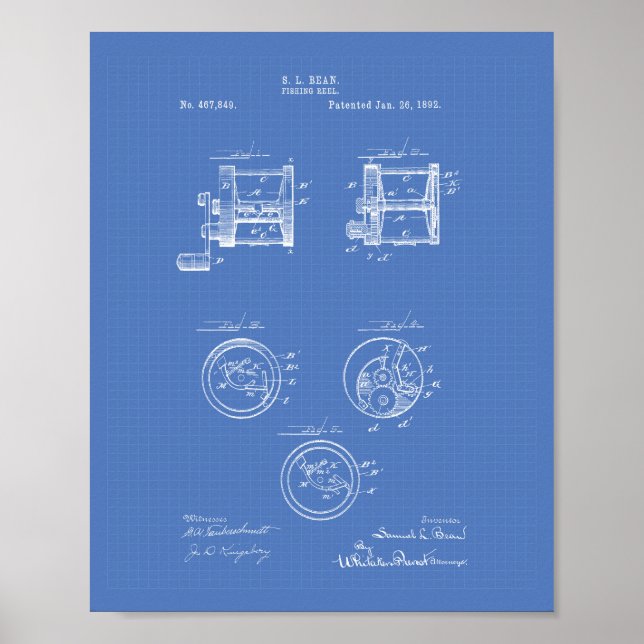 Fischerei Rollen 1892 Patentart Blueprint Poster (Vorne)