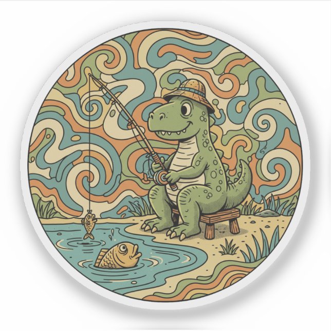 Fischerei T-Rex - Groovy Dinosaurier Angler Aufkleber (Vorderseite)