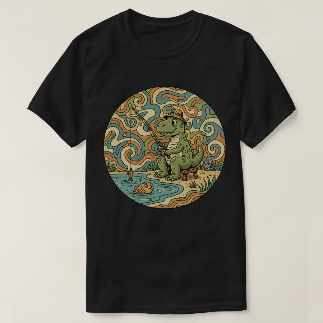 Fischerei T-Rex - Groovy Dinosaurier Angler T-Shirt (Design vorne)
