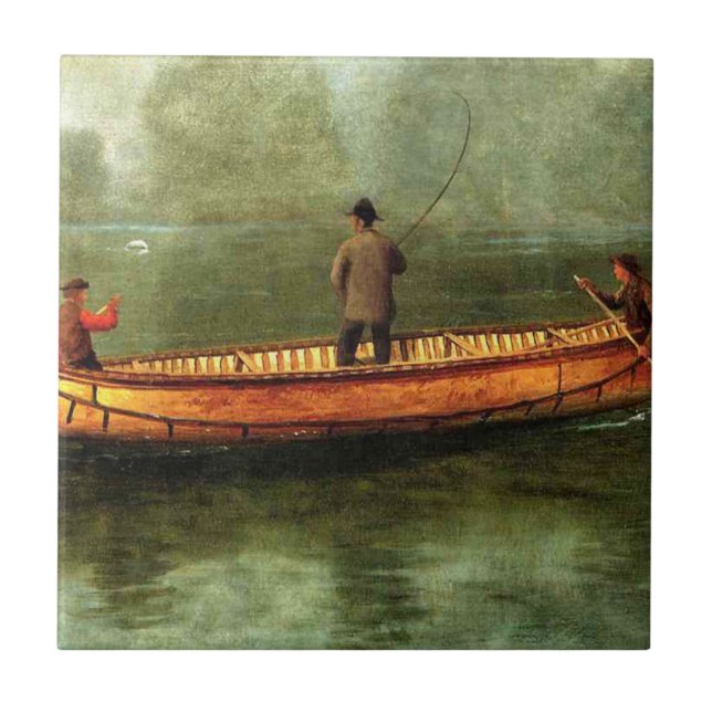 Fischerei von einem Kanu (Fischer in einem Holzboo Fliese (Vorderseite)