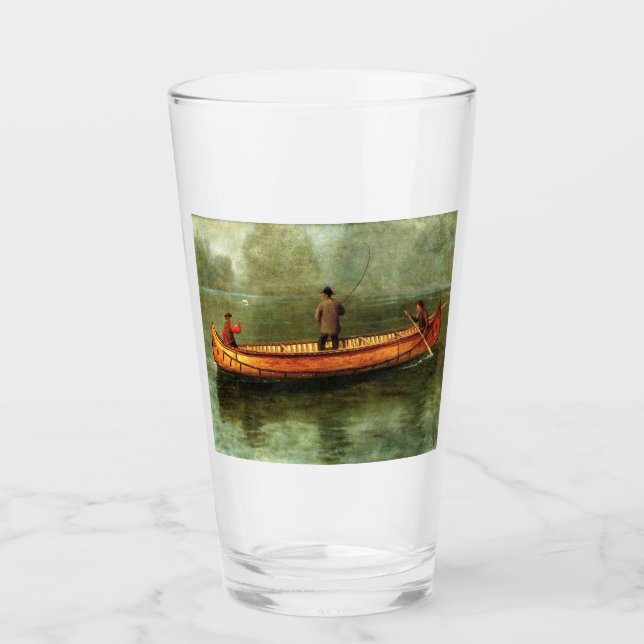 Fischerei von einem Kanu (Fischer in einem Holzboo Glas (Vorderseite)