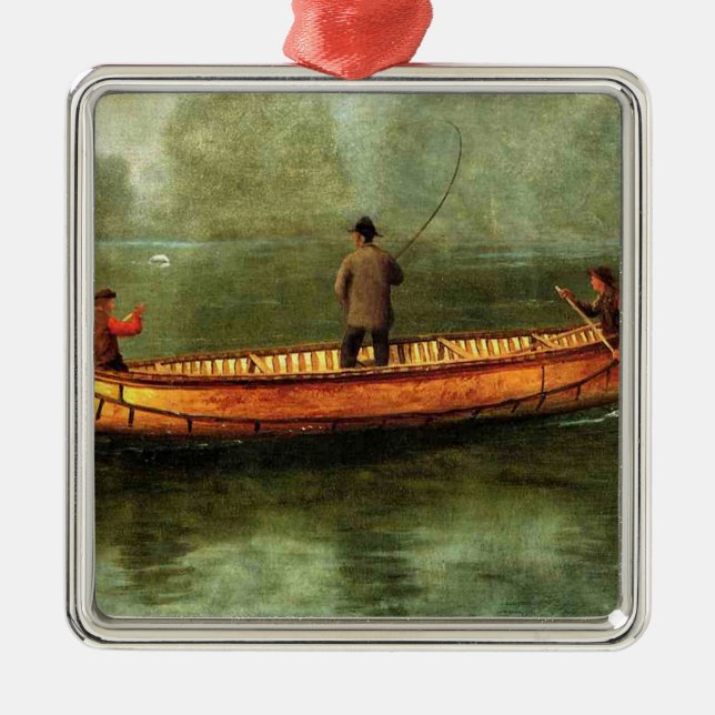 Fischerei von einem Kanu (Fischer in einem Holzboo Ornament Aus Metall (Vorne)