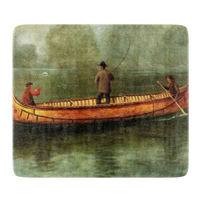 Fischerei von einem Kanu (Fischer in einem Holzboo Schneidebrett (Vorderseite)