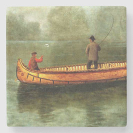 Fischerei von einem Kanu (Fischer in einem Holzboo Steinuntersetzer