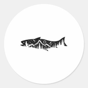 Fischerei Wald Berg Silhouette Outdoor Abenteuer Runder Aufkleber