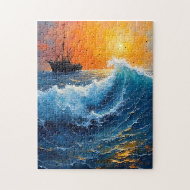 Fischereifahrzeug bei Sonnenaufgang auf dem Meer Puzzle (Vertikal)
