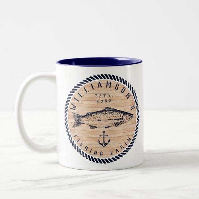 Fischereikabine Familienname Holz Navy Blau Rustik Zweifarbige Tasse (Links)