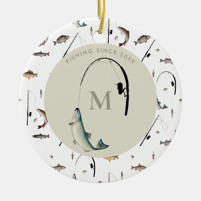 Fischereirod und Angelfisch Theme Fisherman Monogr Keramik Ornament (Vorne)