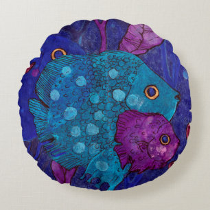 Fischfamilie, Unterwasser, Blau und Violett Rundes Kissen