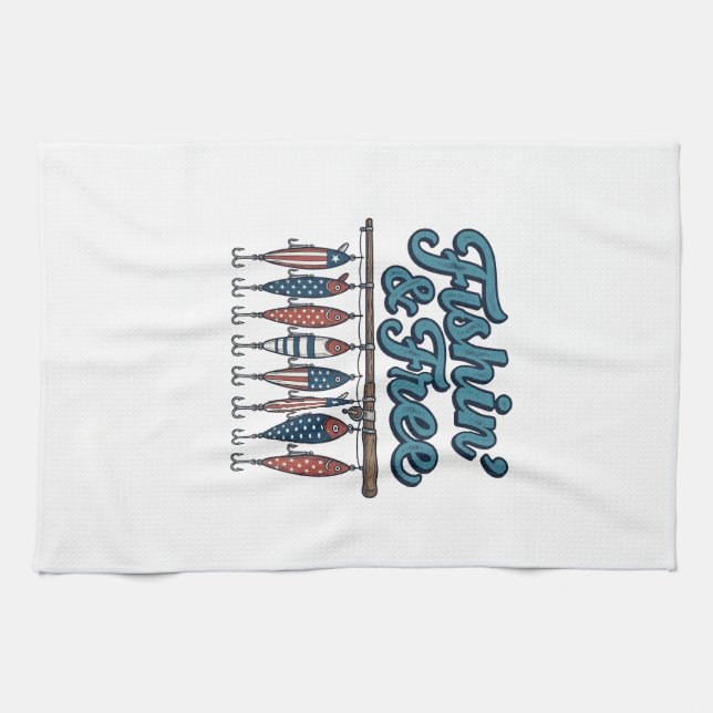 Fischfang & Frei Patriotischer Angelköder Vintage Geschirrtuch (Horizontal)