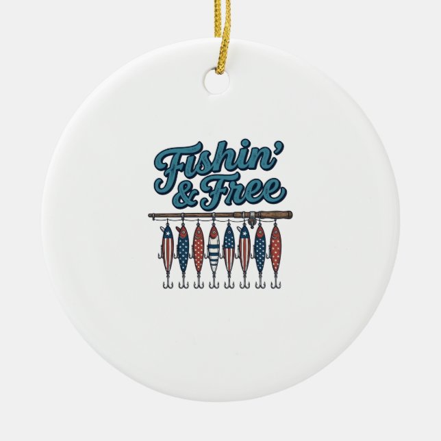 Fischfang & Frei Patriotischer Angelköder Vintage Keramik Ornament (Vorne)