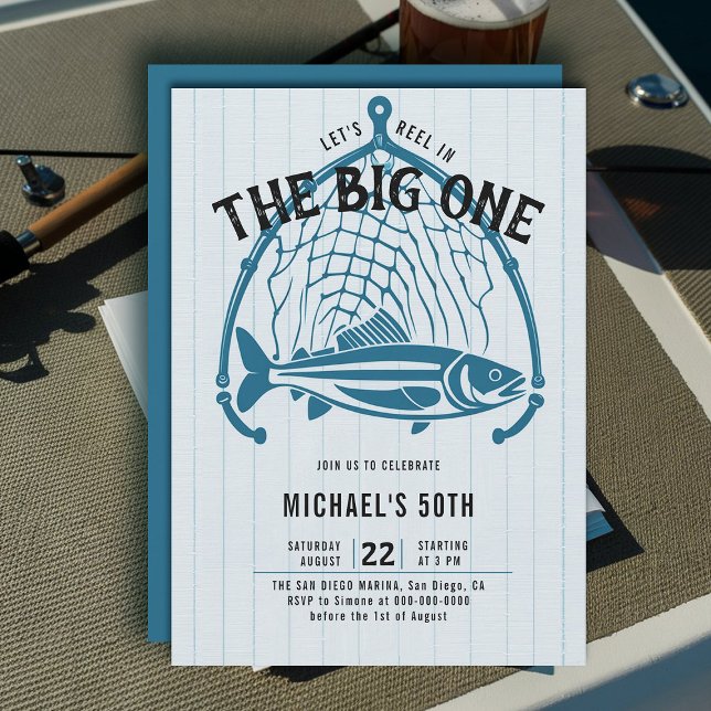 Fischfang Net Blue Lässig Fun Männer 50. Geburtsta Einladung (fishing 50th birthday invitation men big one fish reel net elegant modern simple classy)