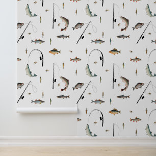 Fischfang und Fischfang Thema Nahtloses Muster Tapete