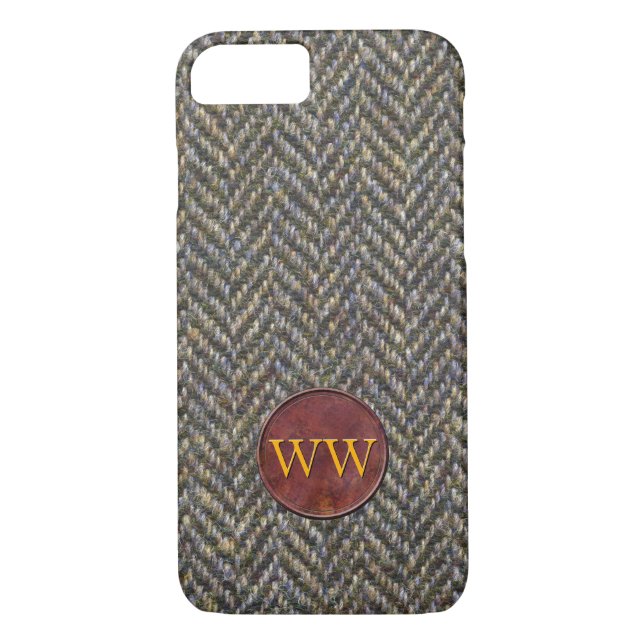 Fischgrätenmuster-Tweed und Leder-Monogramm Case-Mate iPhone Hülle (Rückseite)