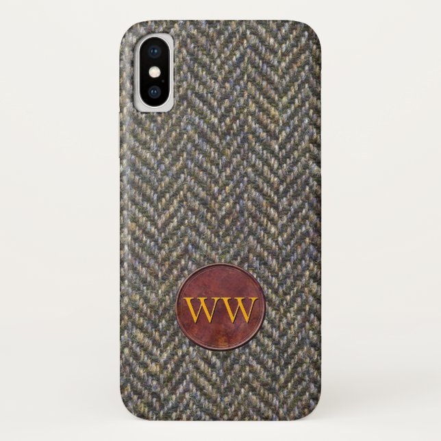 Fischgrätenmuster-Tweed und Leder-Monogramm Case-Mate iPhone Hülle (Rückseite)