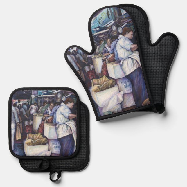 Fischkopfsuppe, Singapur Ofenhandschuh & Topflappen-Set (Vorderseite/Rückseite)