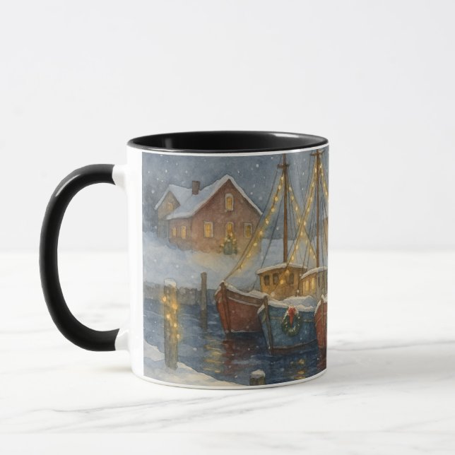 Fischkutter im Hafen Weihnachten Tasse (Links)
