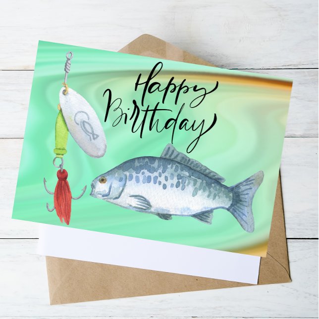 Fischliebhaber Geburtstag mit Fischhaken Aquarell Postkarte (Von Creator hochgeladen)