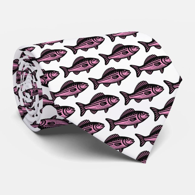 Fischmuster - Schwarz und Rosa auf Weiß Krawatte (Gerollt)