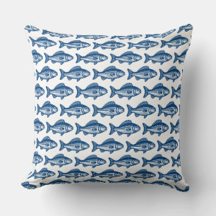 Fischmuster - Shibori Blue auf Weiß Kissen