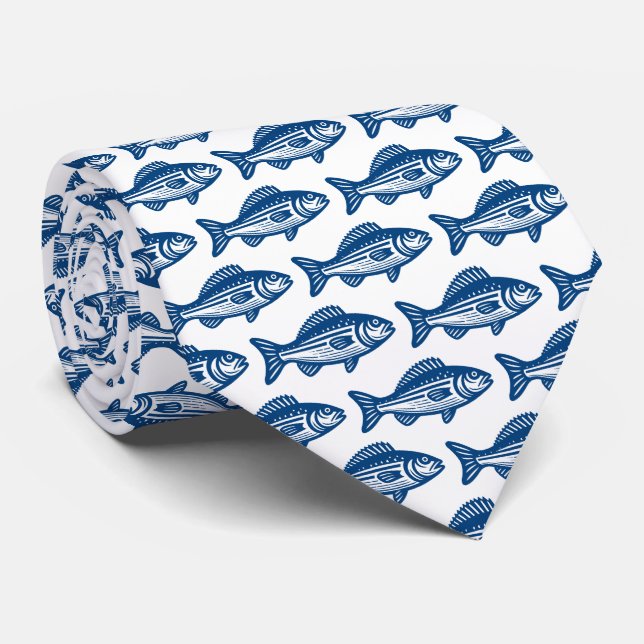 Fischmuster - Shibori Blue auf Weiß Krawatte (Gerollt)