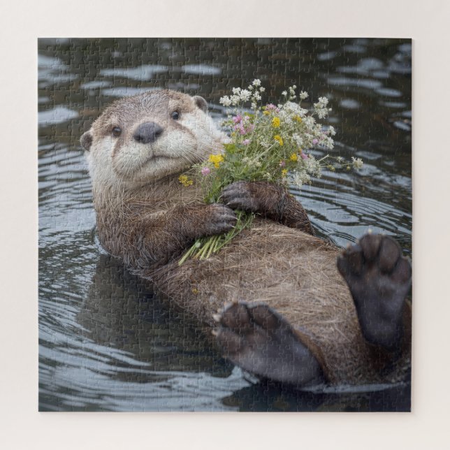 Fischotter schwimmt mit Wildblumenstrauß Puzzle (Vertikal)