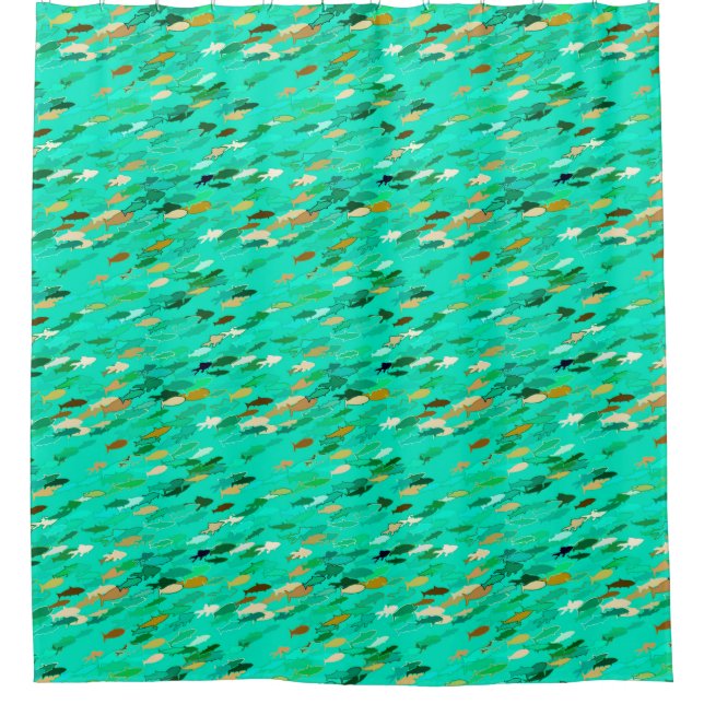 Fischschule, Aqua, Green und Gold Duschvorhang (Vorderseite)