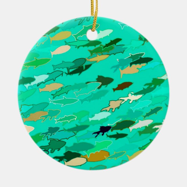 Fischschule, Aqua, Green und Gold Keramikornament (Vorne)