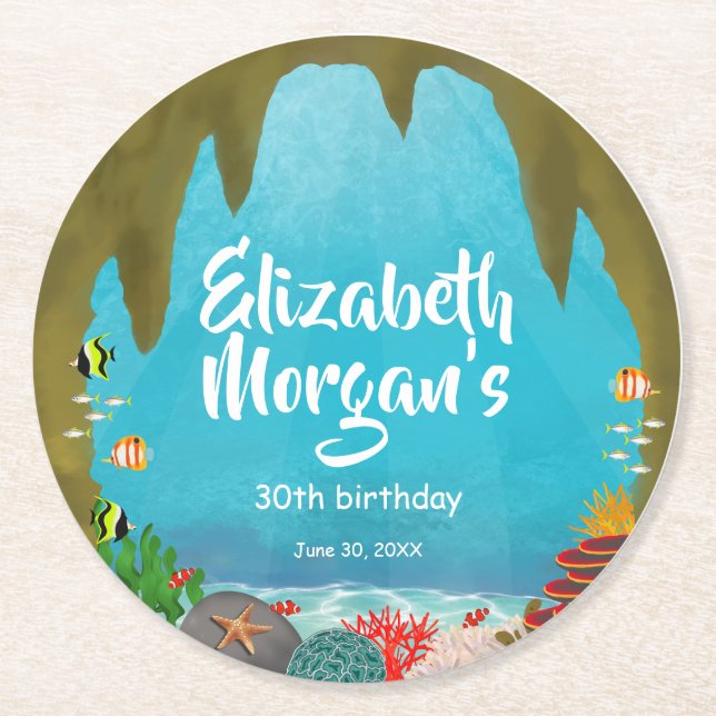 Fish, Coral and Plant Under the Sea Cave Birhday Runder Pappuntersetzer (Vorderseite)