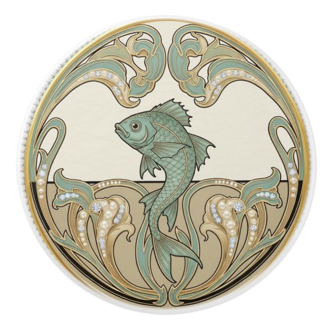 Fish Green Cream & Gold Art Deco Nouveau Ocean Sea Keramikknauf (Vorderseite)