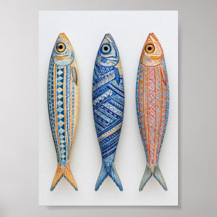Fish im Rhythmus Farbige geometrische Volkskunst Poster