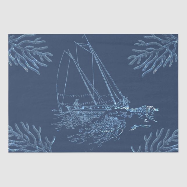 Fisherman Sailing Boat Corals on Navy Blue Seidenpapier (Vorderseite)